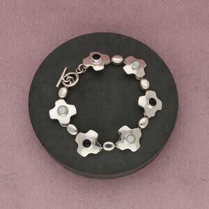 sterling silver black & white beaded cross toggle bracelet size 7in